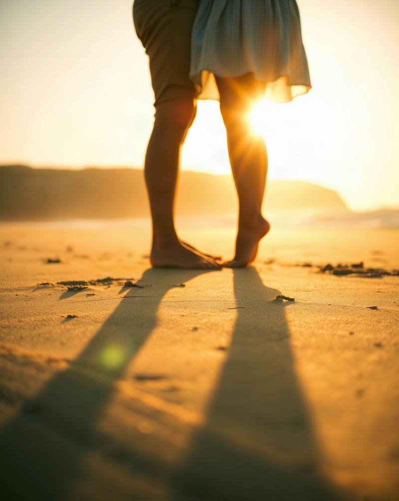 Person standing on beach at sunset, barefoot in shallow water, wearing skirt and pants.