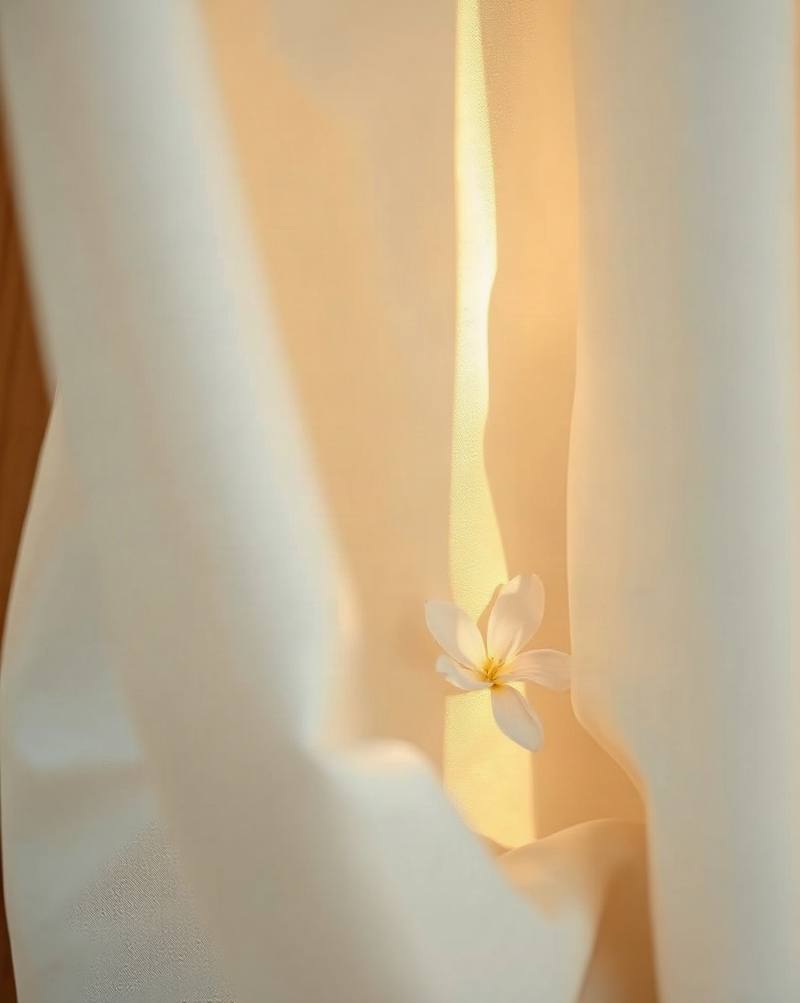 Delicate white flower nestled between translucent cream and yellow fabric sheets with warm sunlight.