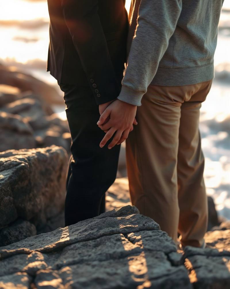 Two people holding hands on rocky beach at golden hour sunset.