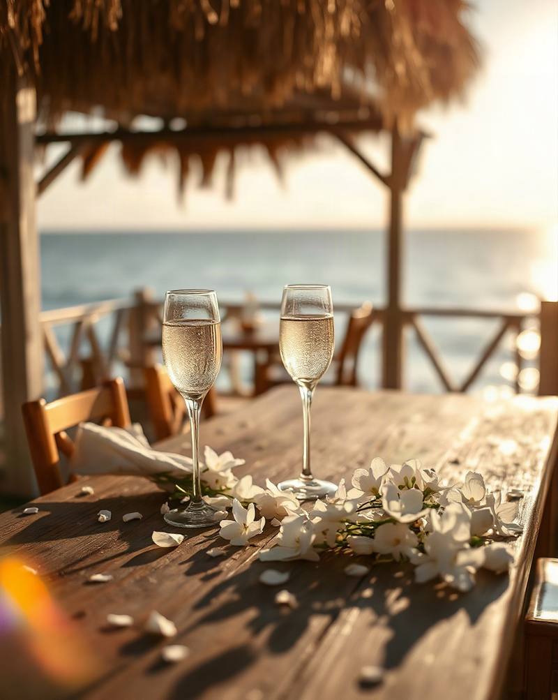 Two champagne flutes with white flowers on wooden table overlooking ocean at sunset.