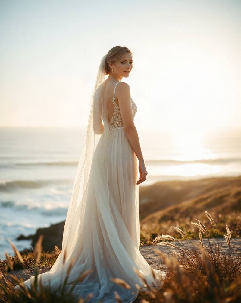 Bride in white beaded gown and veil stands on coastal cliff at golden sunset overlooking ocean.