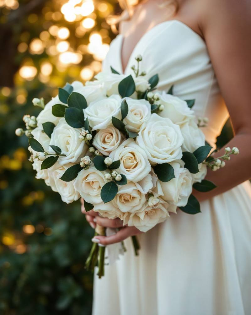 Bride in white dress holding elegant bouquet of white and cream roses with eucalyptus at golden hour.