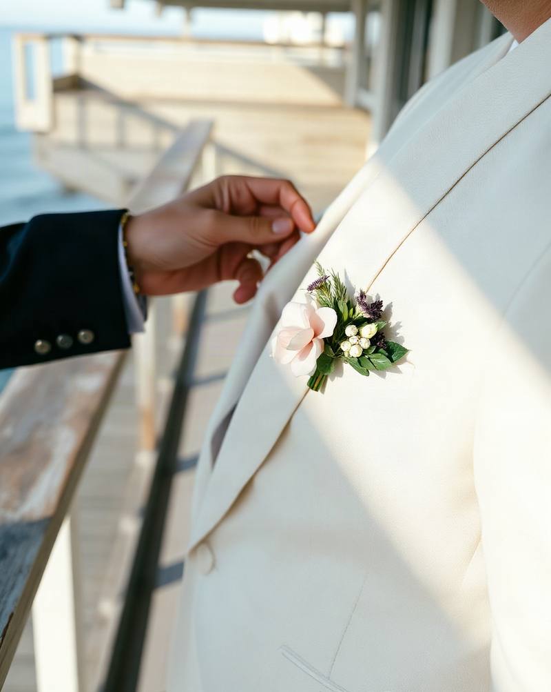 Groom's hand touches bride's white dress with boutonniere near beach railing.