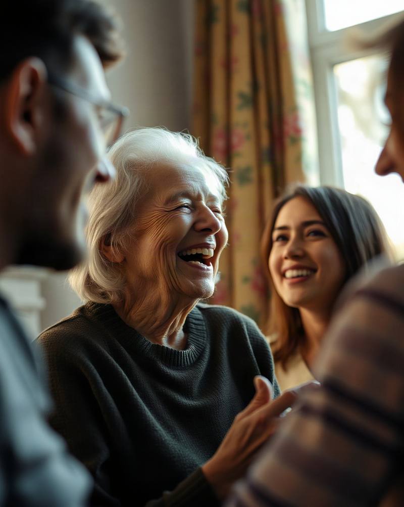 Elderly woman laughing with younger woman and others in bright indoor setting with window and curtains.