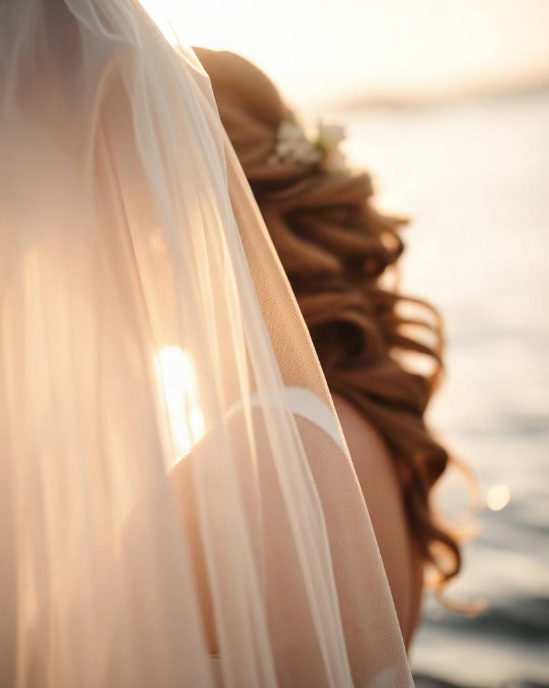 Bride in white veil with wavy hair at sunset by the ocean.