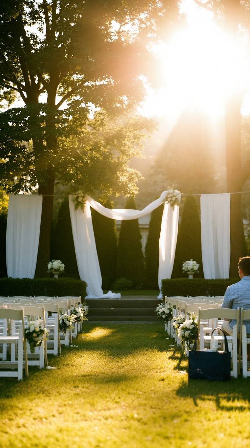 Outdoor wedding ceremony setup with white chairs, draped fabric archway, and floral decorations in golden sunlight.