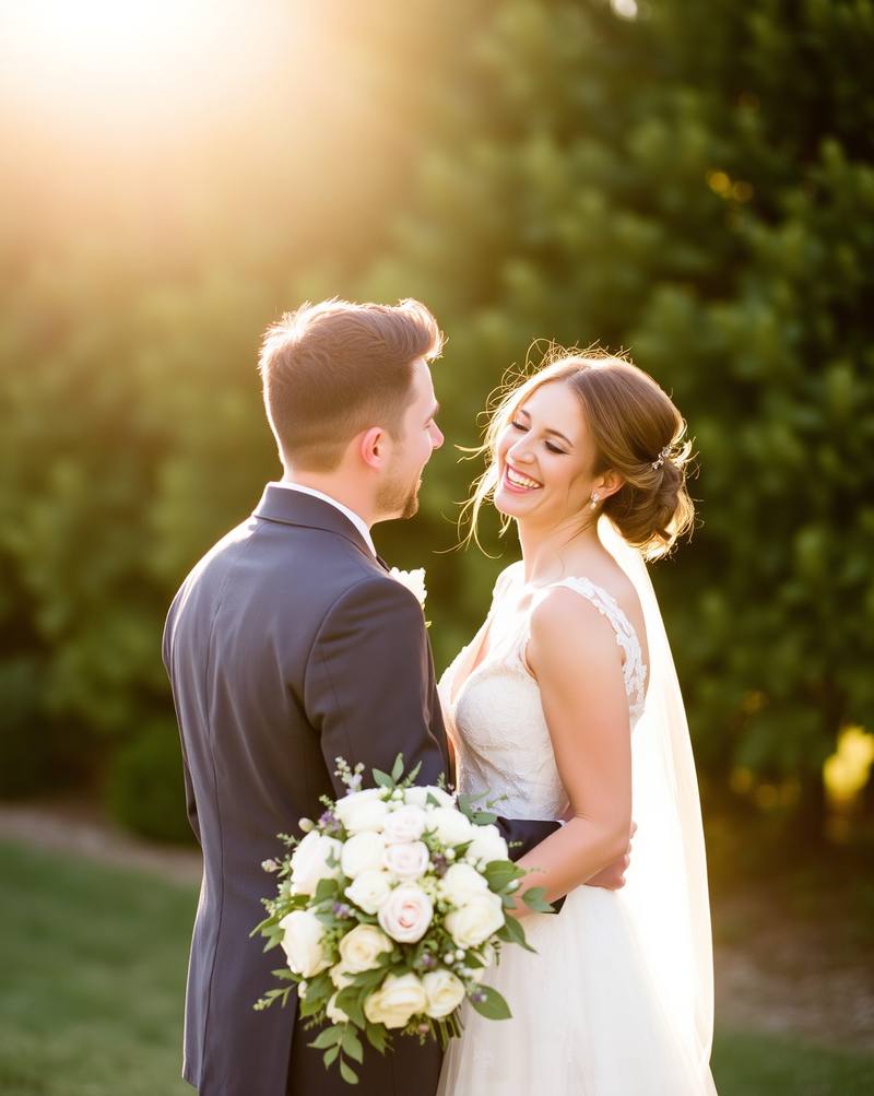 Bride and groom smiling together outdoors holding white flower bouquet at golden hour