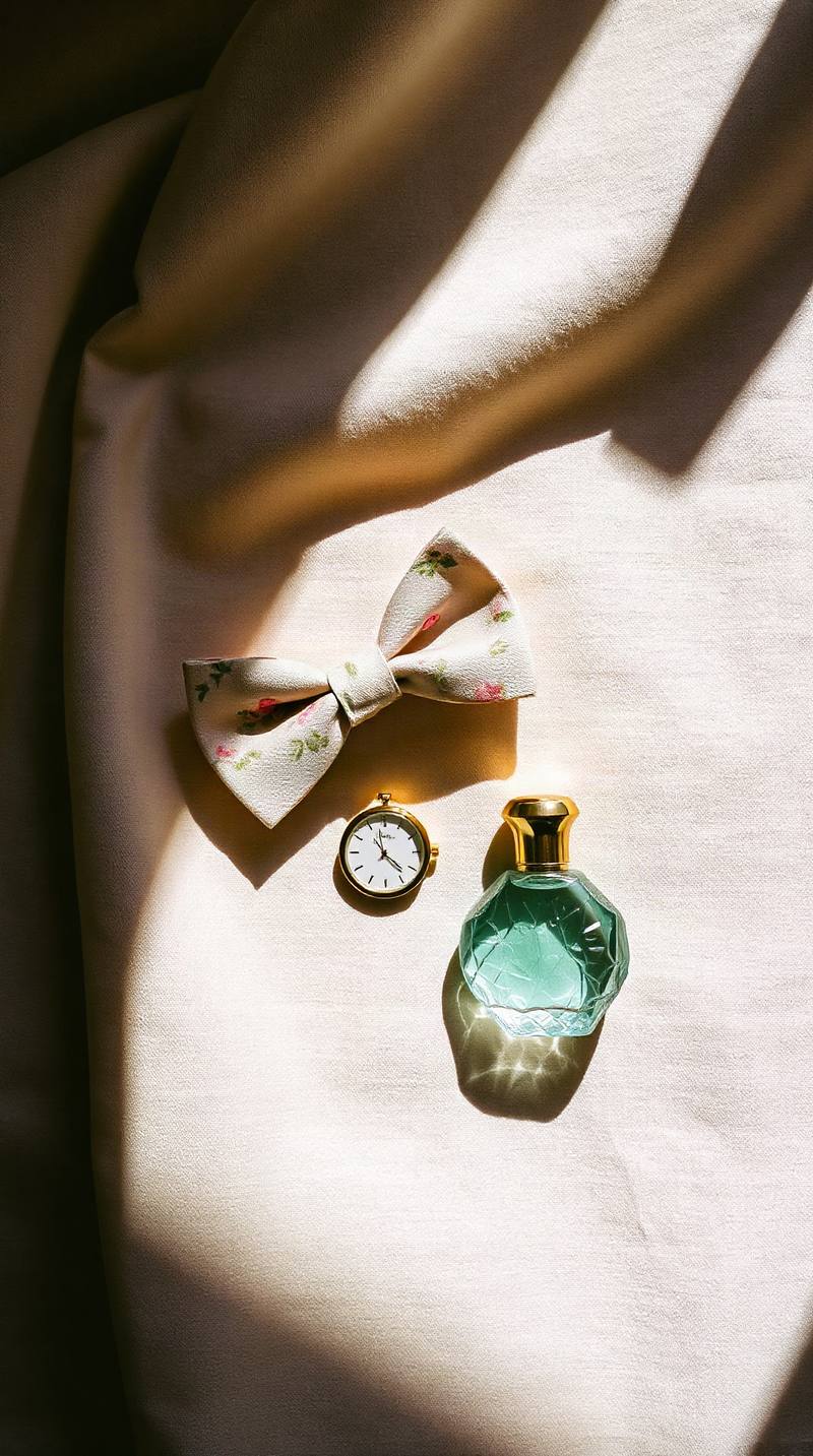 Flat lay of a floral bow, gold watch, and green perfume bottle under dramatic sunlight shadows.