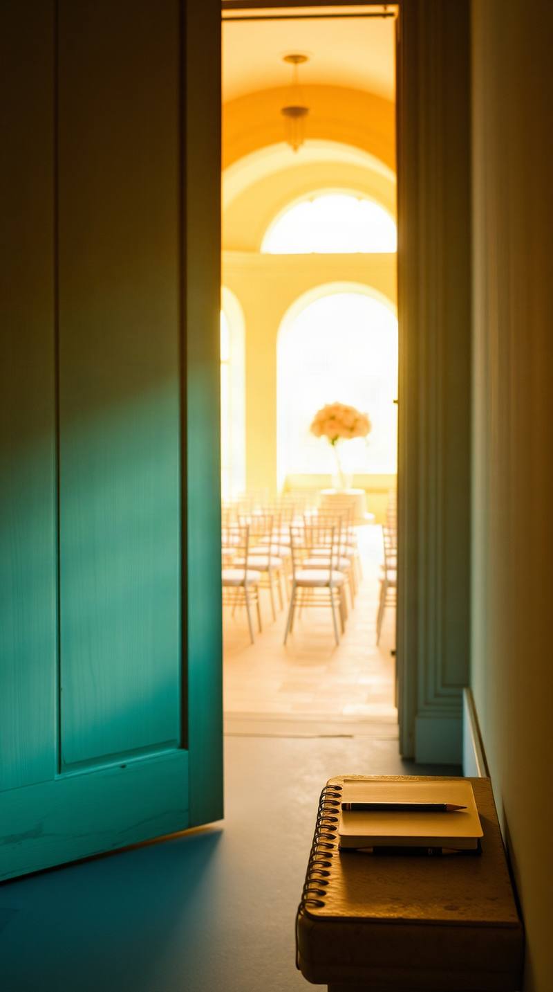 Spiral notebook and pen on shelf inside doorway overlooking bright yellow interior space with chairs.